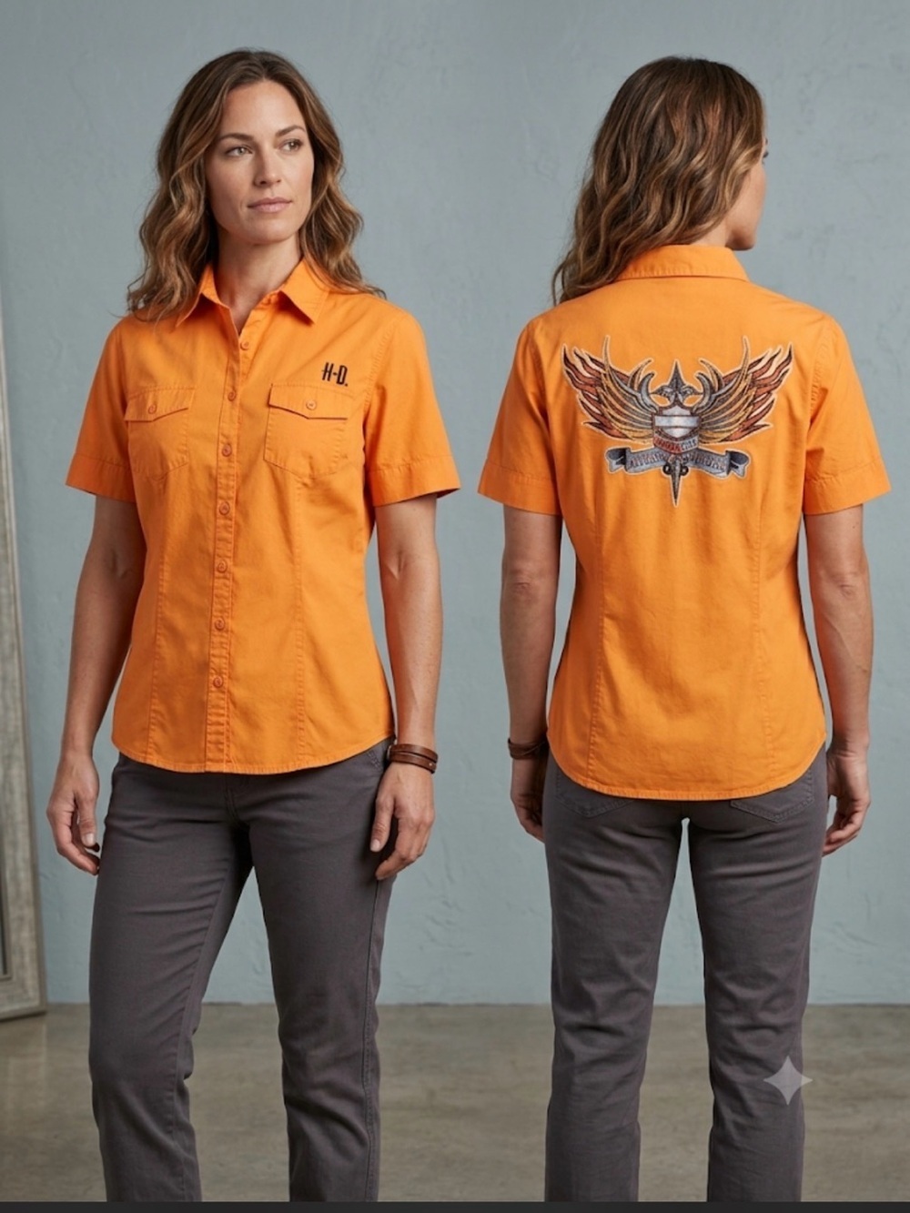 Harley-Davidson Embroidered Embellished orange button-down utility shirt Large